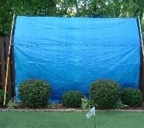 A blue tarp is covering a fence in a backyard.