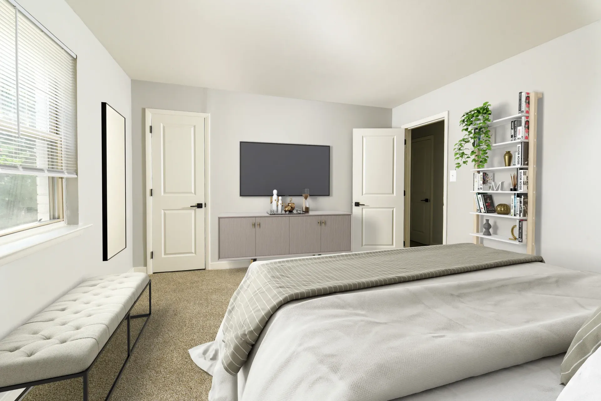 Modern bedroom with bed, window bench, dresser with TV, and a bookshelf.