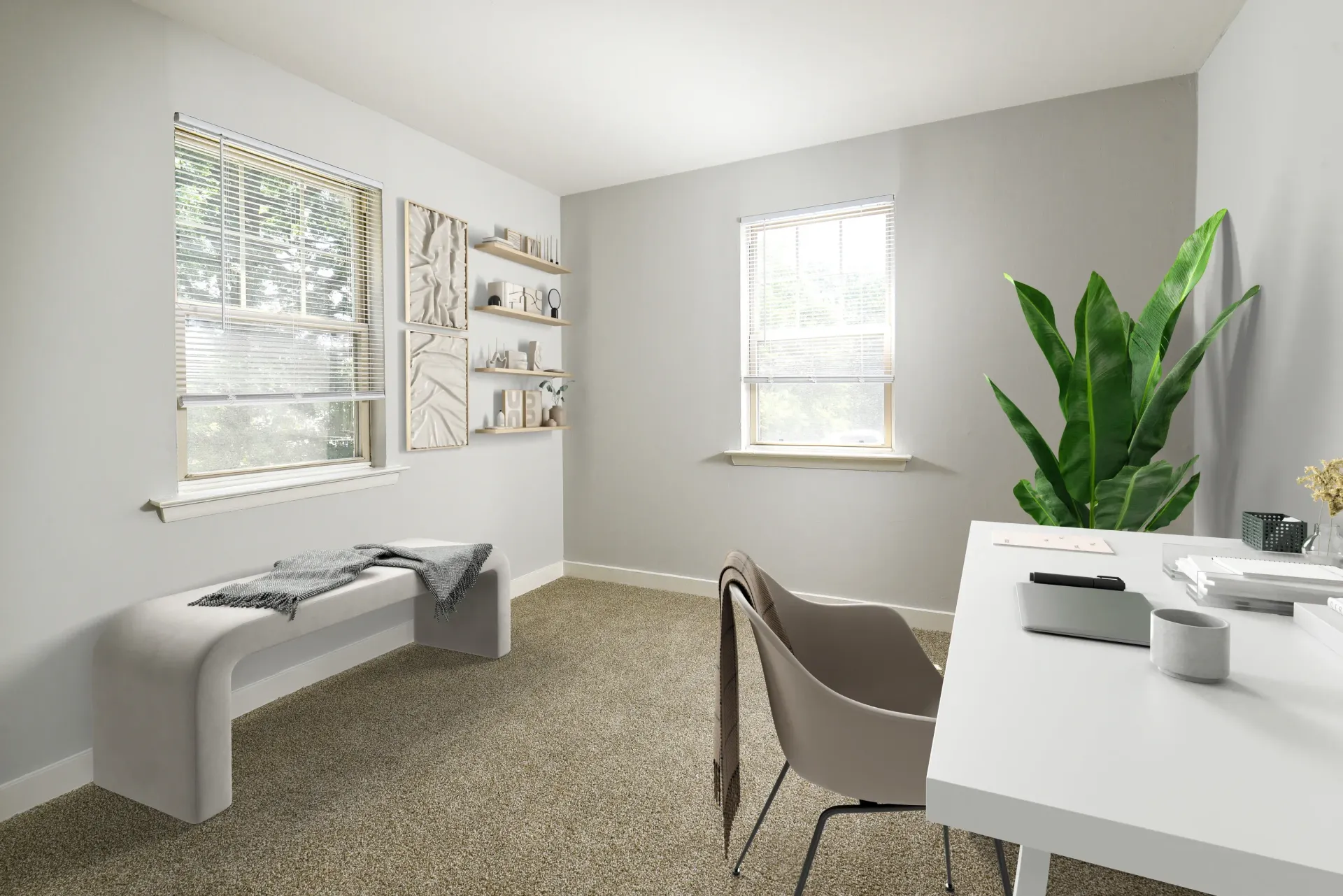 Light-filled apartment study with a white desk, modern chair, shelves, and a large green plant.