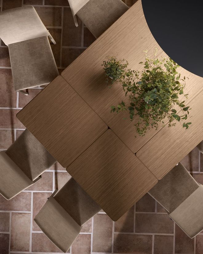 Vista dall'alto di un tavolo quadrato in legno con una pianta rigogliosa al centro, circondato da cinque sedie su un pavimento piastrellato.