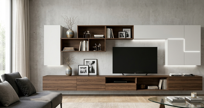 Soggiorno moderno con mobile porta TV a parete in legno e bianco, televisore, mensole e divano grigio.