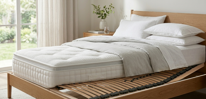 Un letto con struttura in legno chiaro e materasso su doghe di legno regolabili, con lenzuola bianche, in una camera da letto luminosa e ariosa.