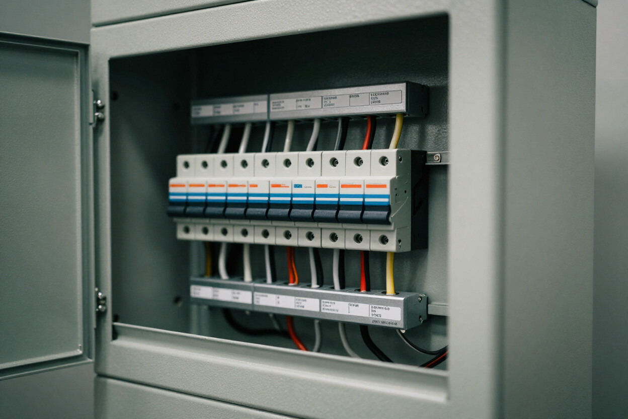 Panel eléctrico abierto con filas de disyuntores y cableado dentro de un gabinete metálico gris.