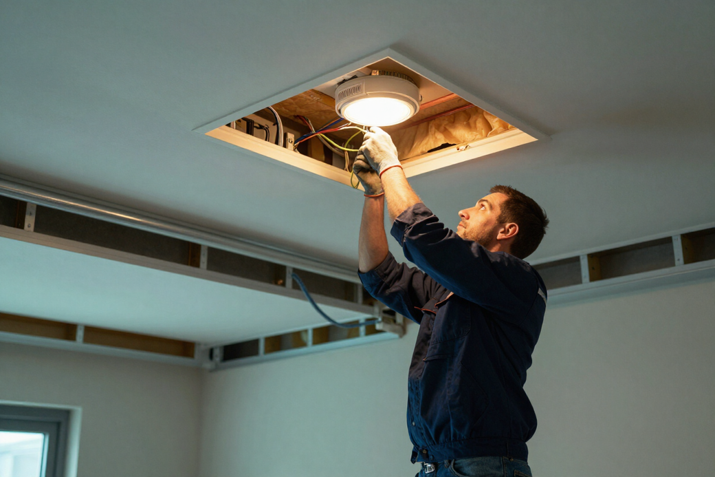 Técnico reemplazando una lámpara de techo a través de un panel de techo abierto en una habitación.