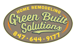 Logo for Green Built Solutions. Oval, brown with green text, advertises home remodeling. Includes phone number 847-644-9177.