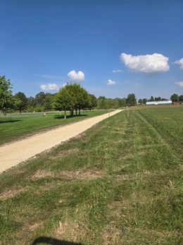 A gravel path curves through a grassy field under a blue sky with fluffy clouds and a few trees.