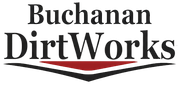 Buchanan DirtWorks logo with black text and a red and black curved line.