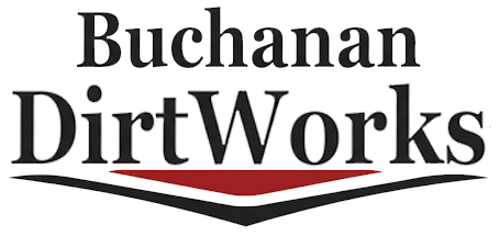 Buchanan DirtWorks logo with black text and a red and black curved line.