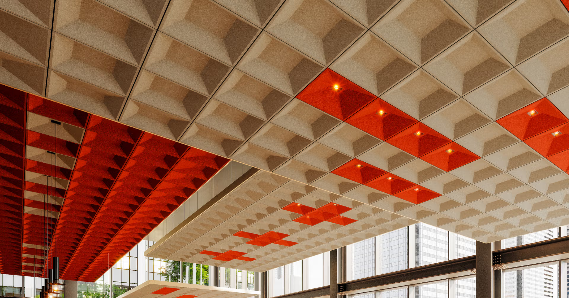 A ceiling with a pattern of squares on it