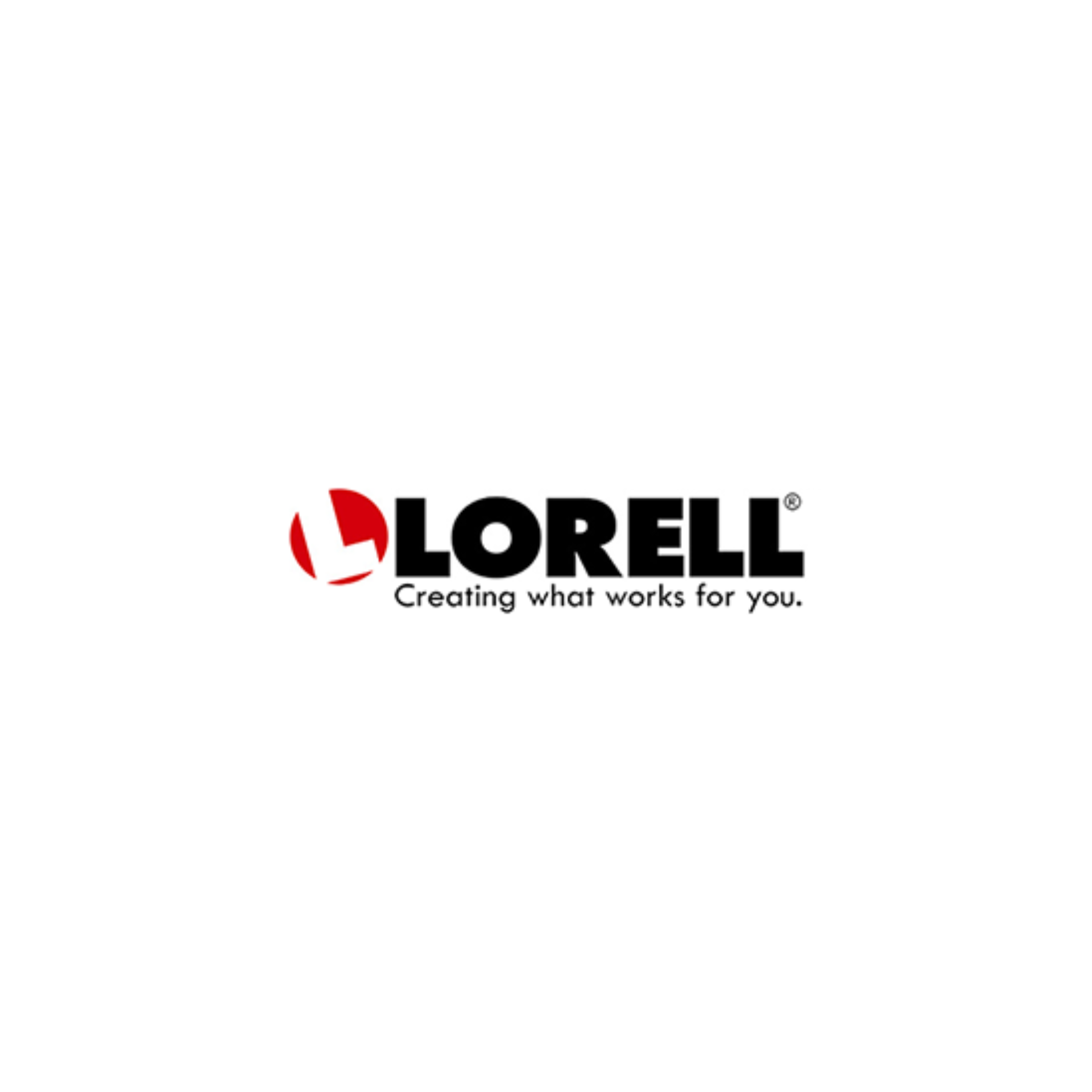 The lorell logo is black and red and says creating what works for you.