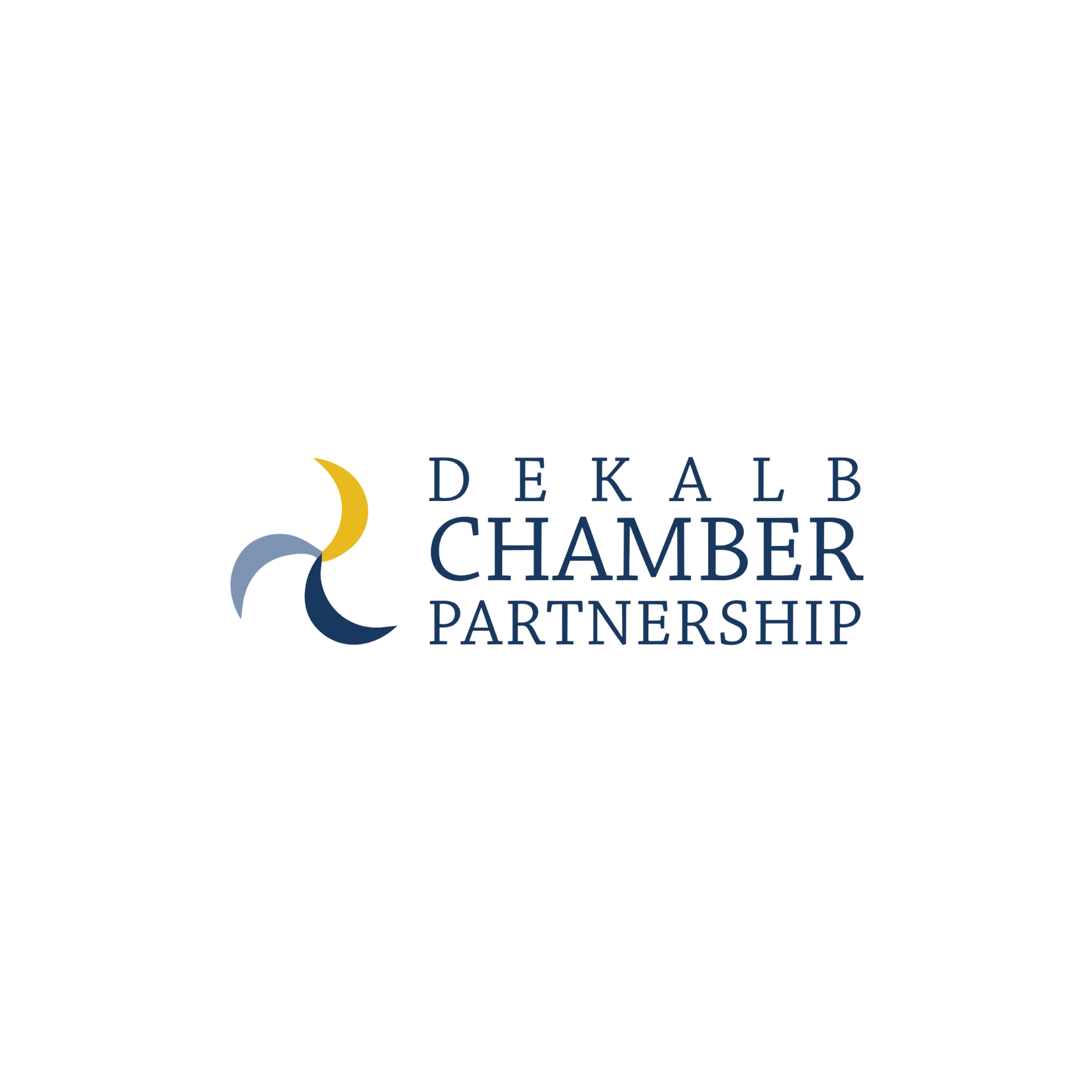 The dekalb chamber partnership logo is a blue and yellow logo on a white background.