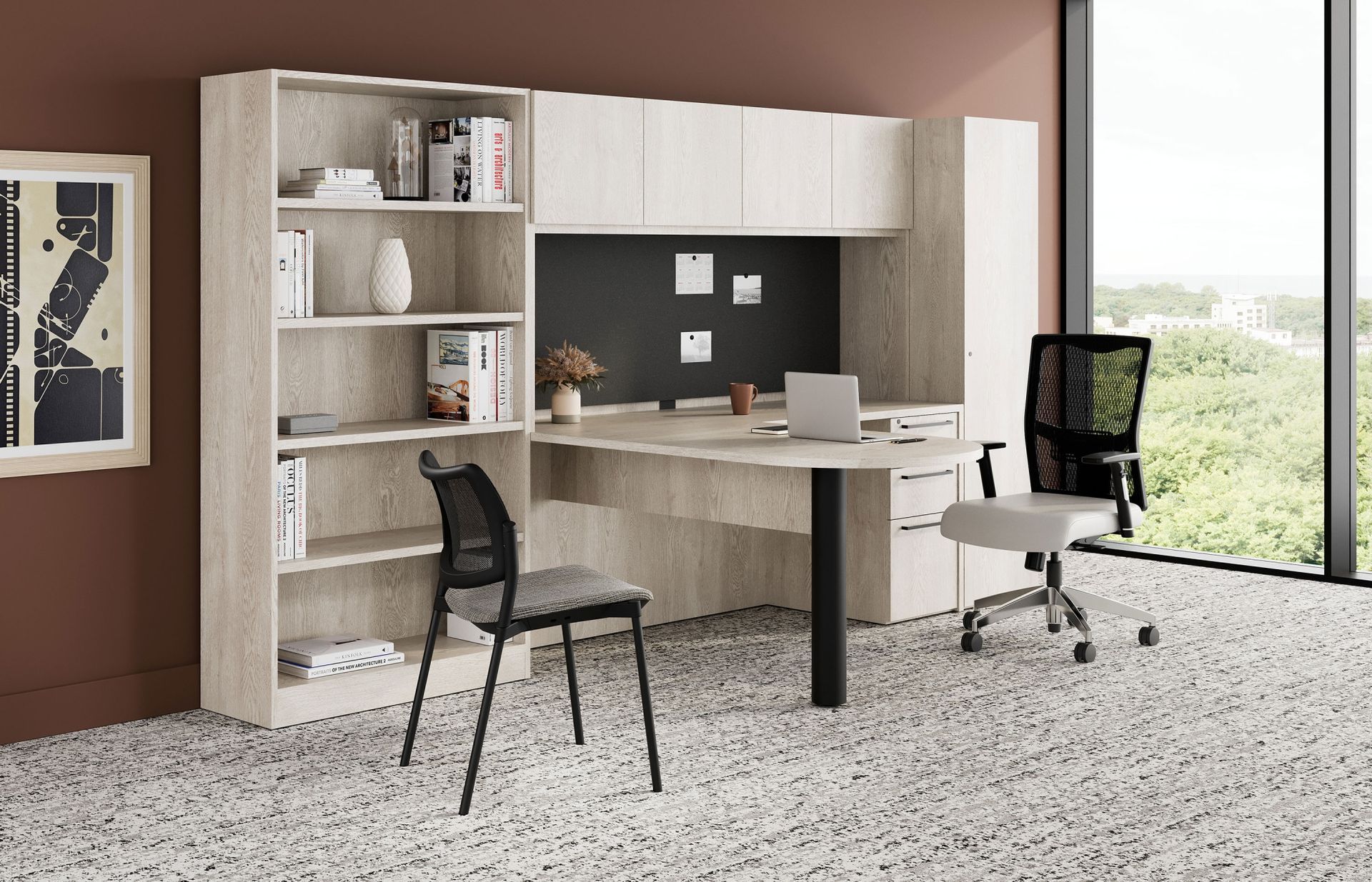 A room with a desk , chair , shelves , and a large window.