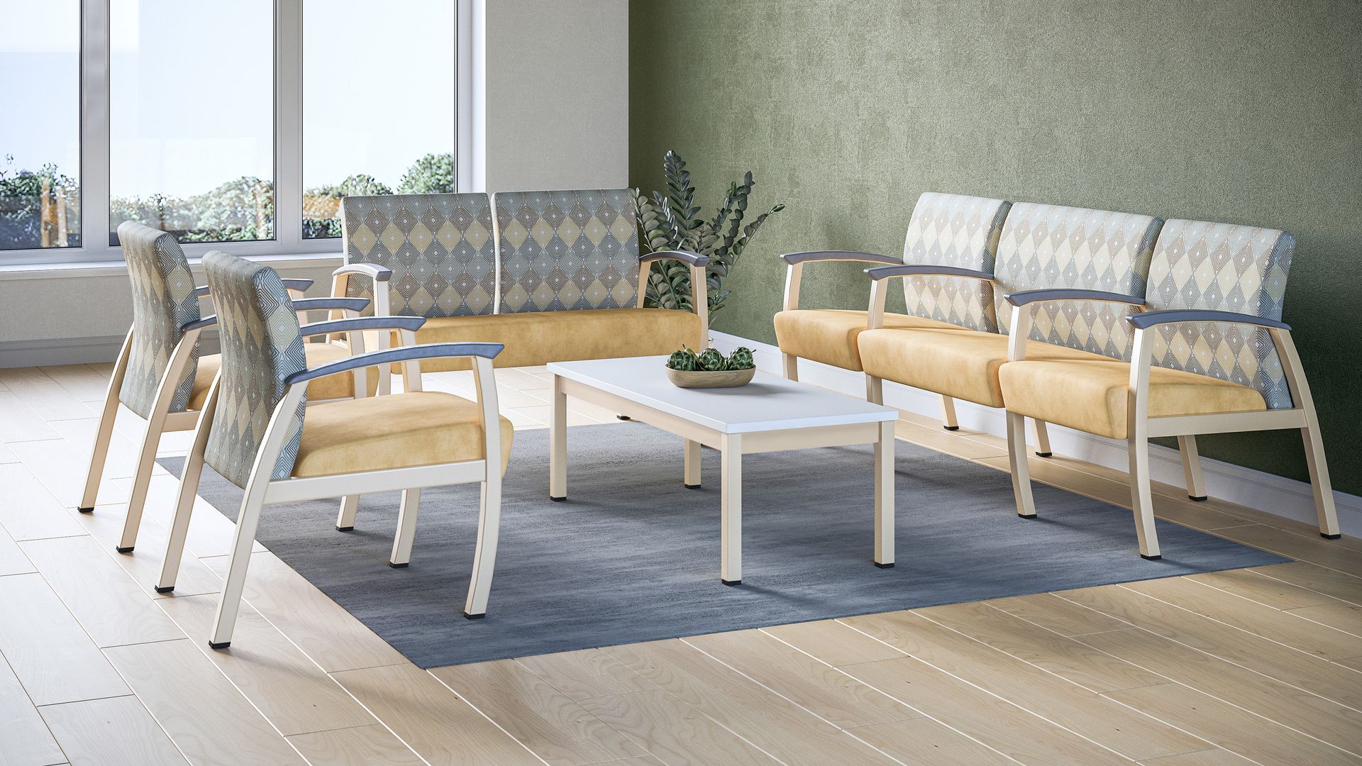 A living room with a couch , chairs , and a coffee table.