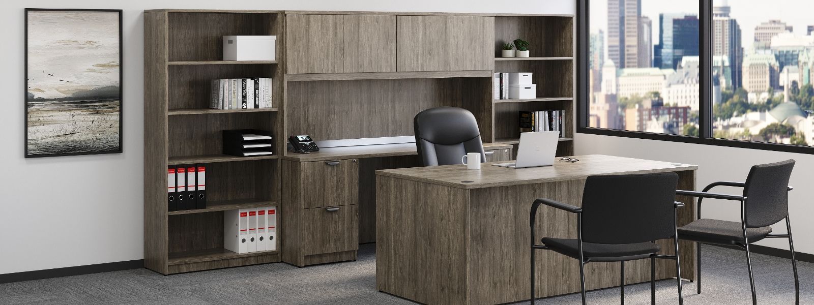 An office with a desk , chairs , shelves and a large window.