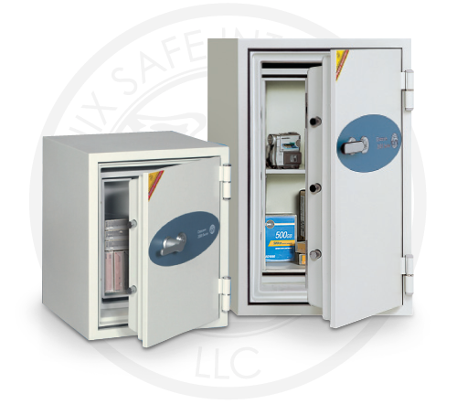 Two safes are sitting next to each other on a white background.
