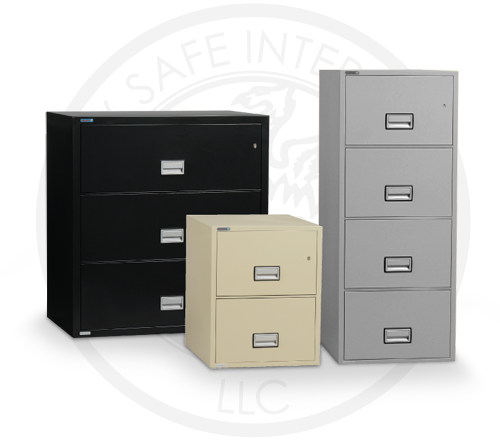 Three filing cabinets are lined up in front of a safe inter llc logo
