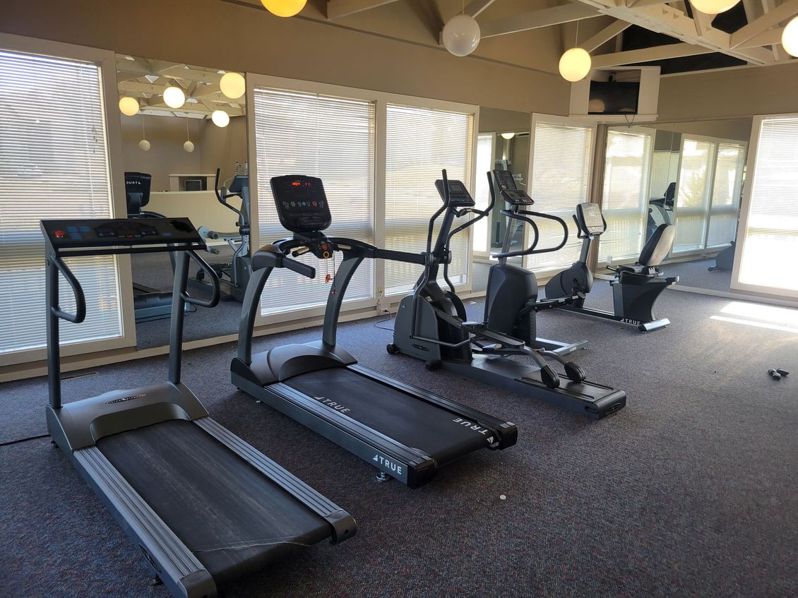 A gym with treadmills and exercise bikes
