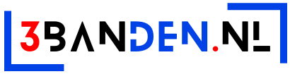 Logo voor 3banden.nl: Tekst in verschillende kleuren, omsloten door een blauwe haak.