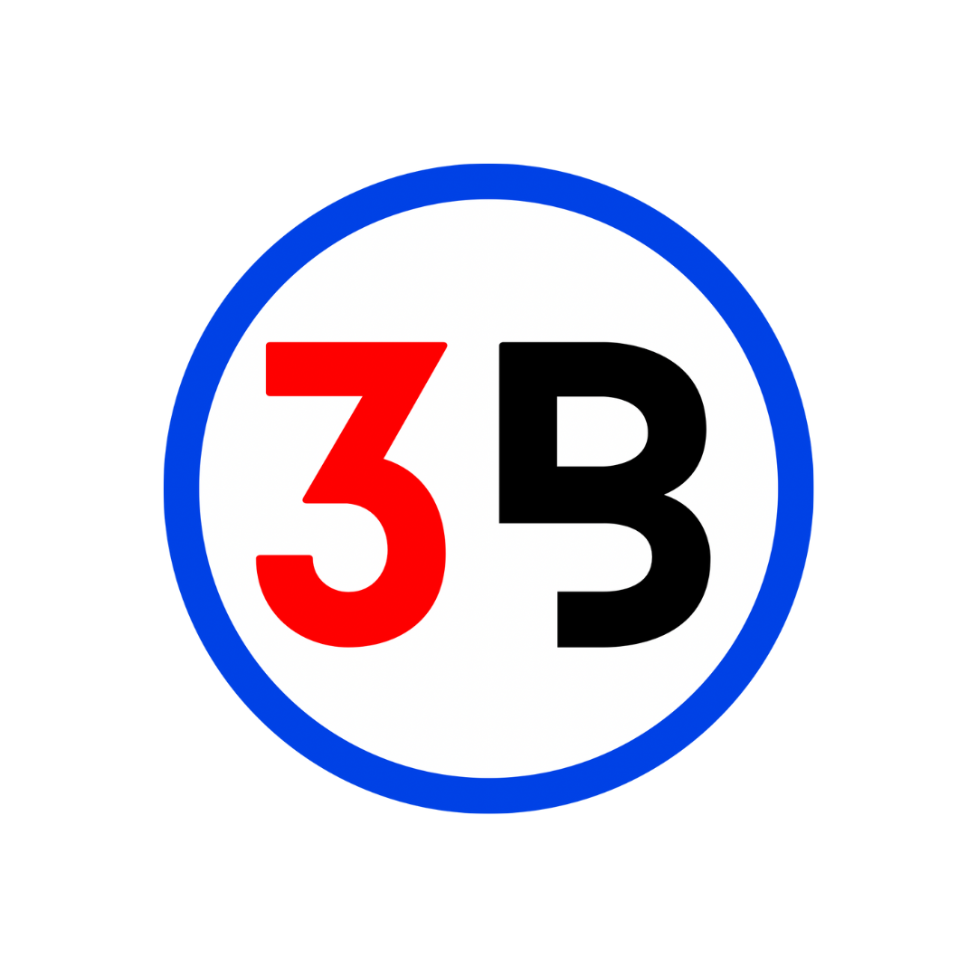 Een rood, zwart en wit logo met het nummer 3b in een blauwe cirkel.