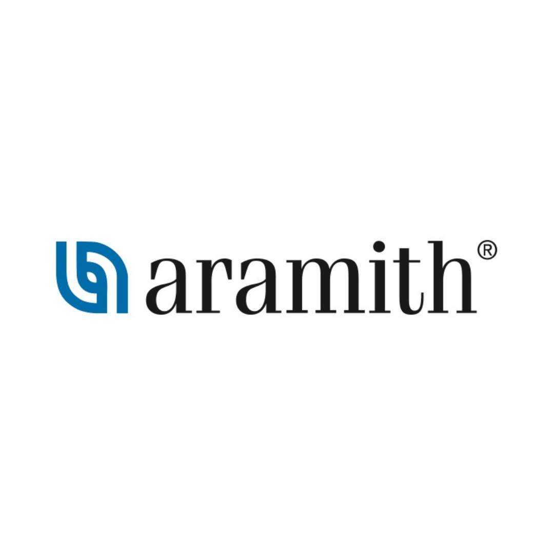 Het logo voor aramith is blauw en zwart op een witte achtergrond.