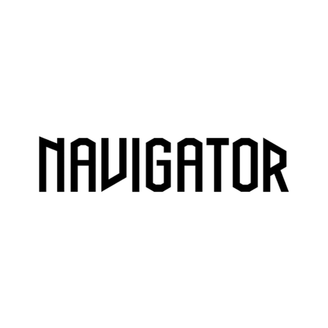 Een zwart-wit logo voor navigator op een witte achtergrond.