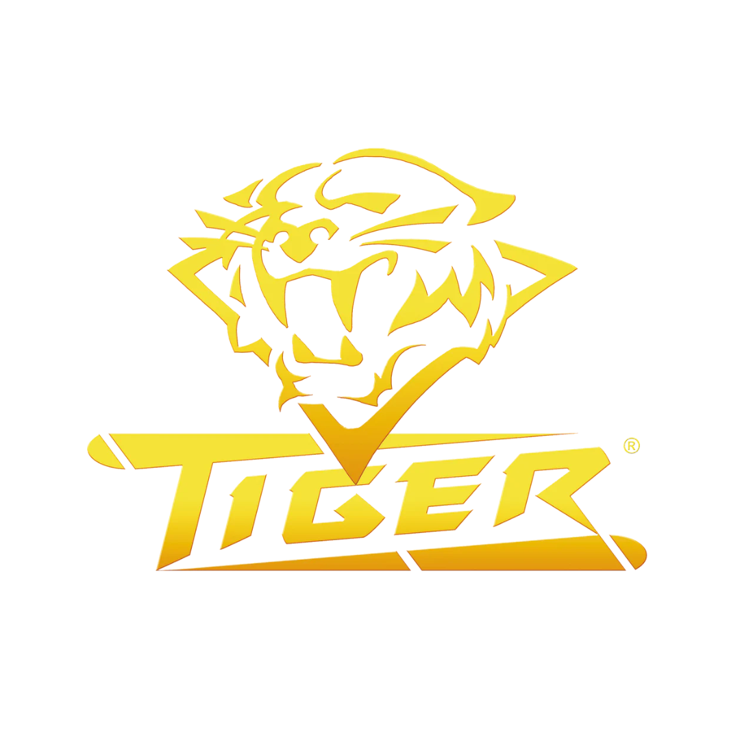 Een tijgerlogo met een tijgerkop en het woord tijger