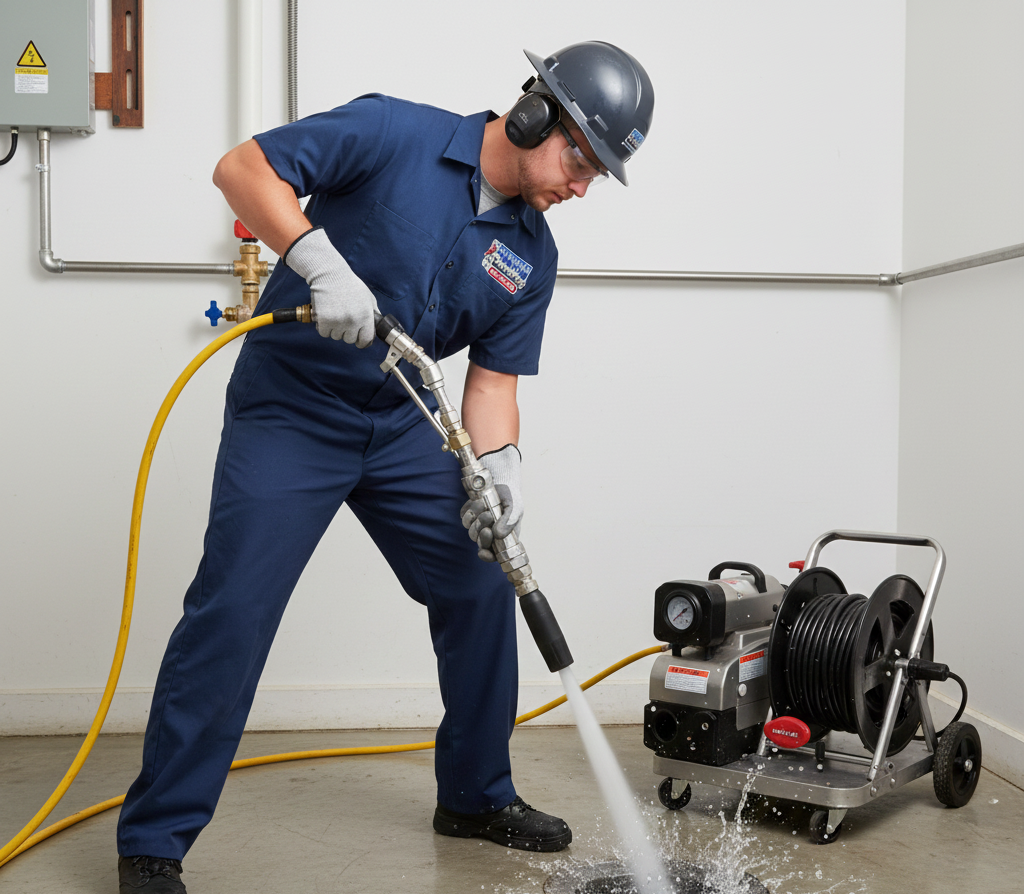 Worker using a high-pressure water jet to clean a drain. He wears protective gear in an industrial setting.