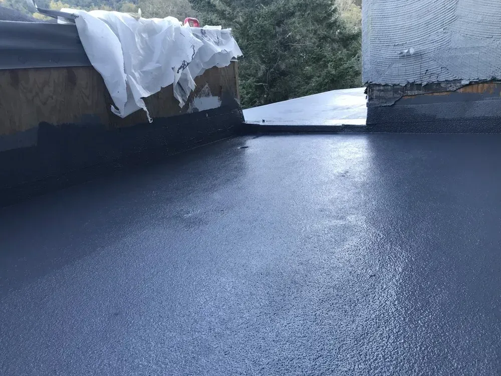 Flat roof with a fresh coat of dark gray sealant.