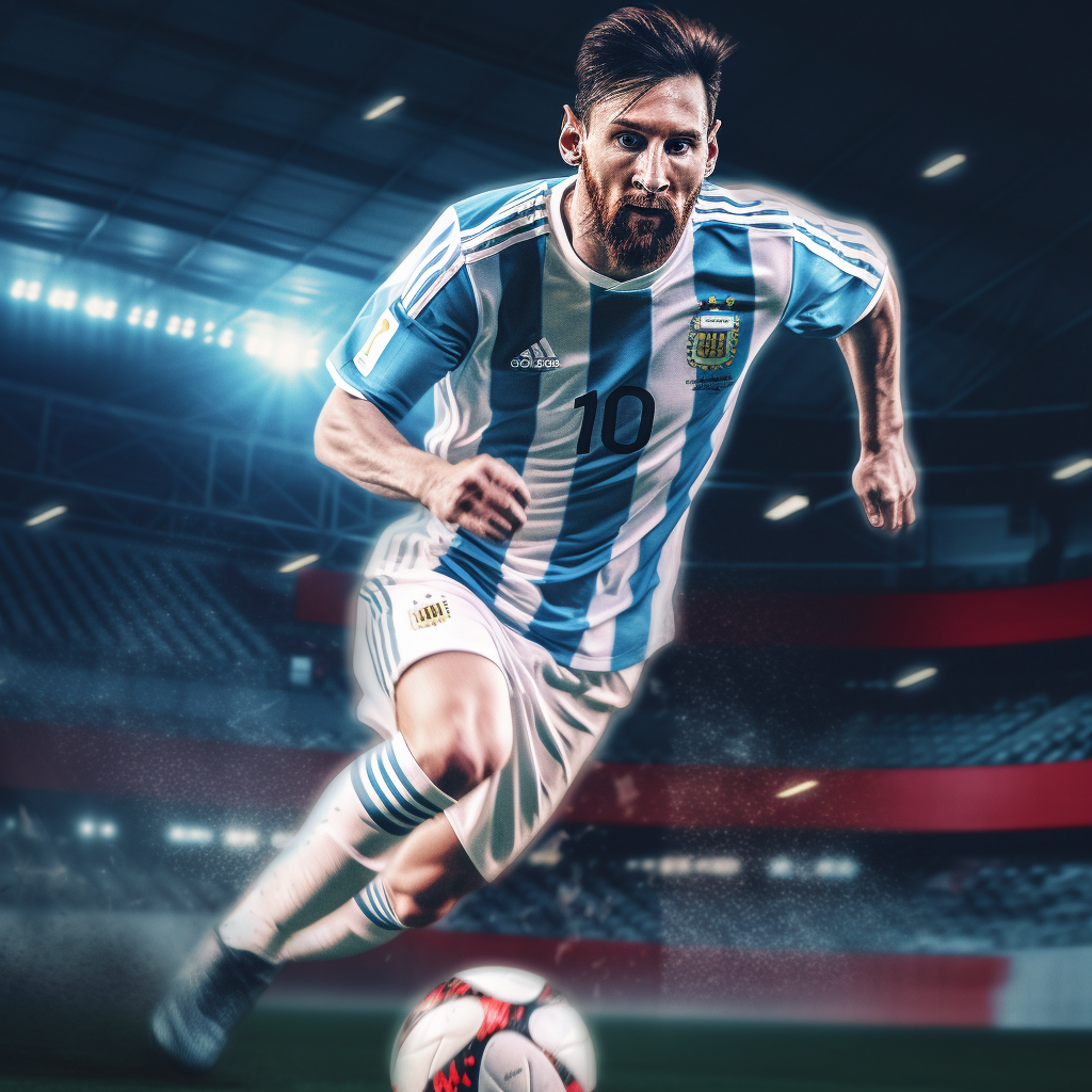 Lionel Messi wearing an Argentina uniform dribbling a ball