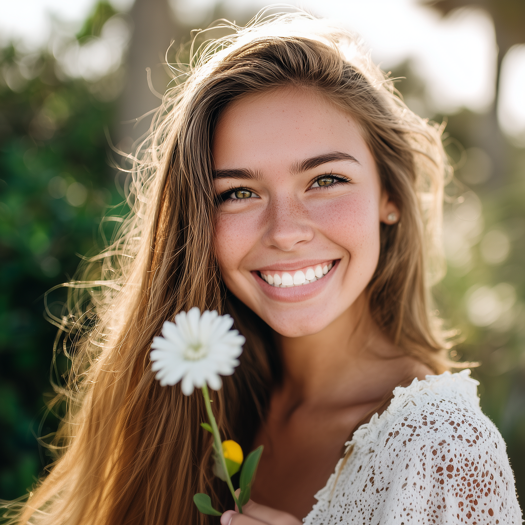 Woman with long brown hair smiles, holding a white daisy. Sunlight illuminates the background.