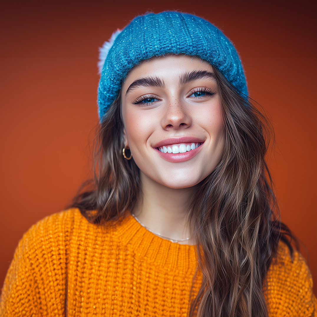 Woman in blue hat and orange sweater smiles against orange backdrop.