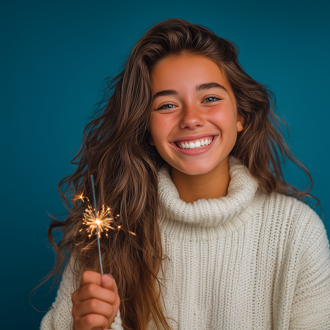 Woman in white sweater smiles holding a lit sparkler against a teal background.