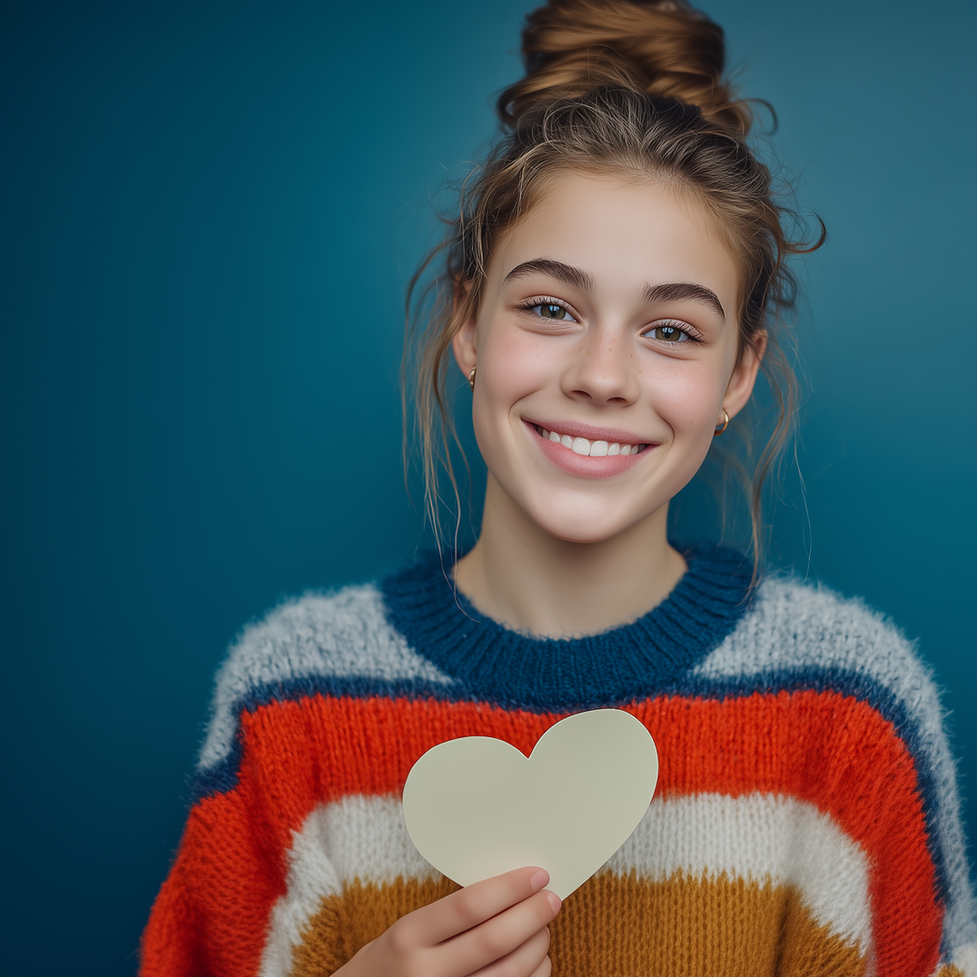 Smiling person holding a heart-shaped card, wearing a striped sweater, against a blue background.