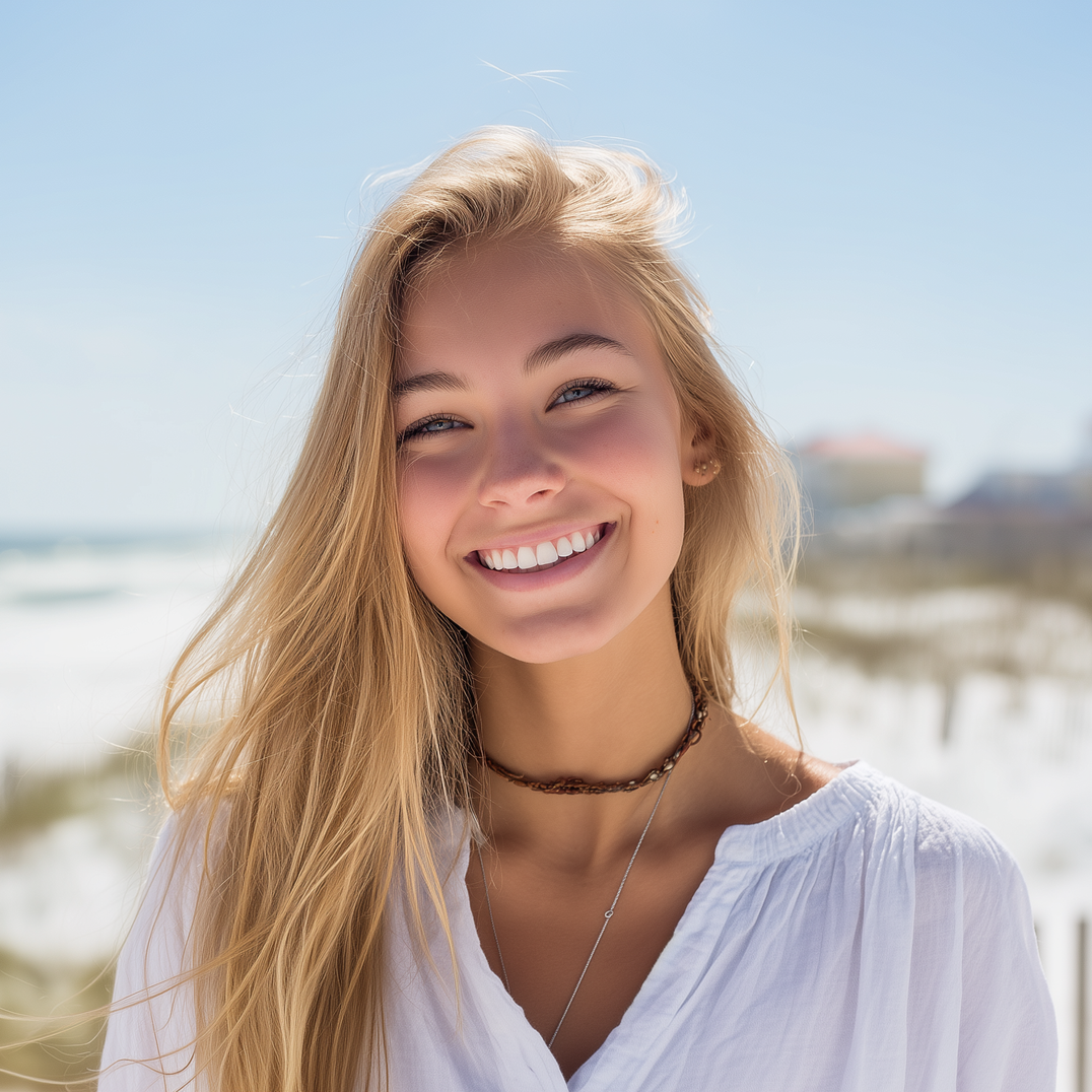 A smiling person with long blonde hair wearing a beaded choker, set against a sunny, blurred beach background.