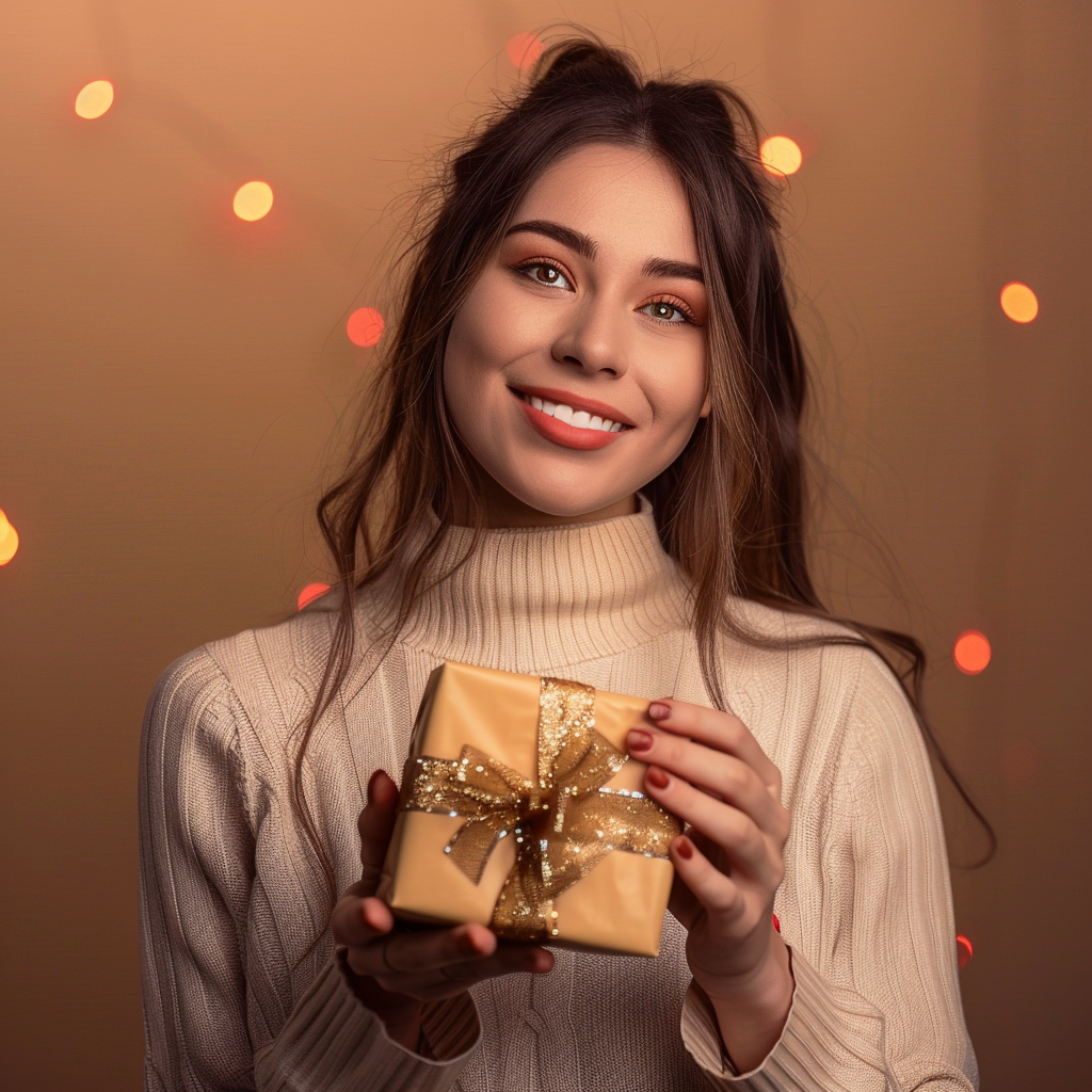 A woman in a sweater is holding a christmas present.