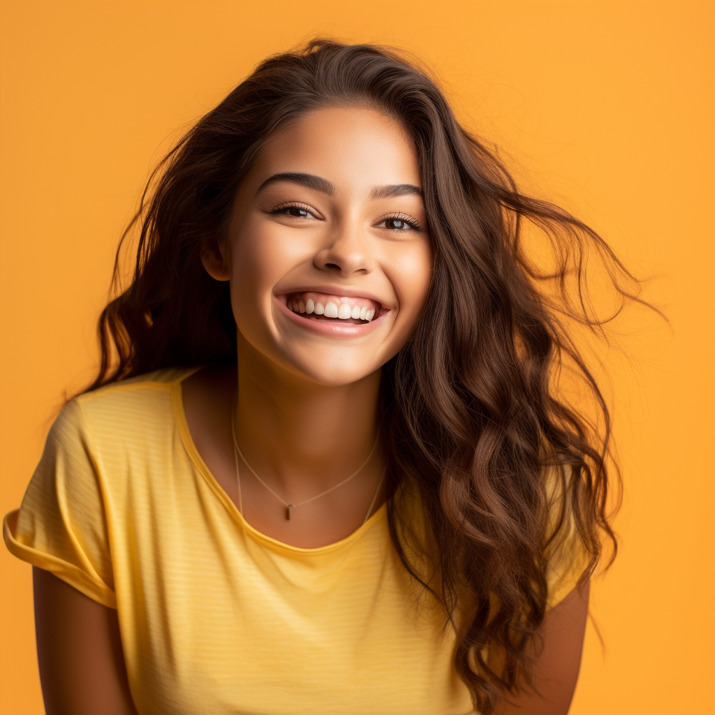 a teenage girl in a yellow shirt is smiling with her hair blowing in the wind .