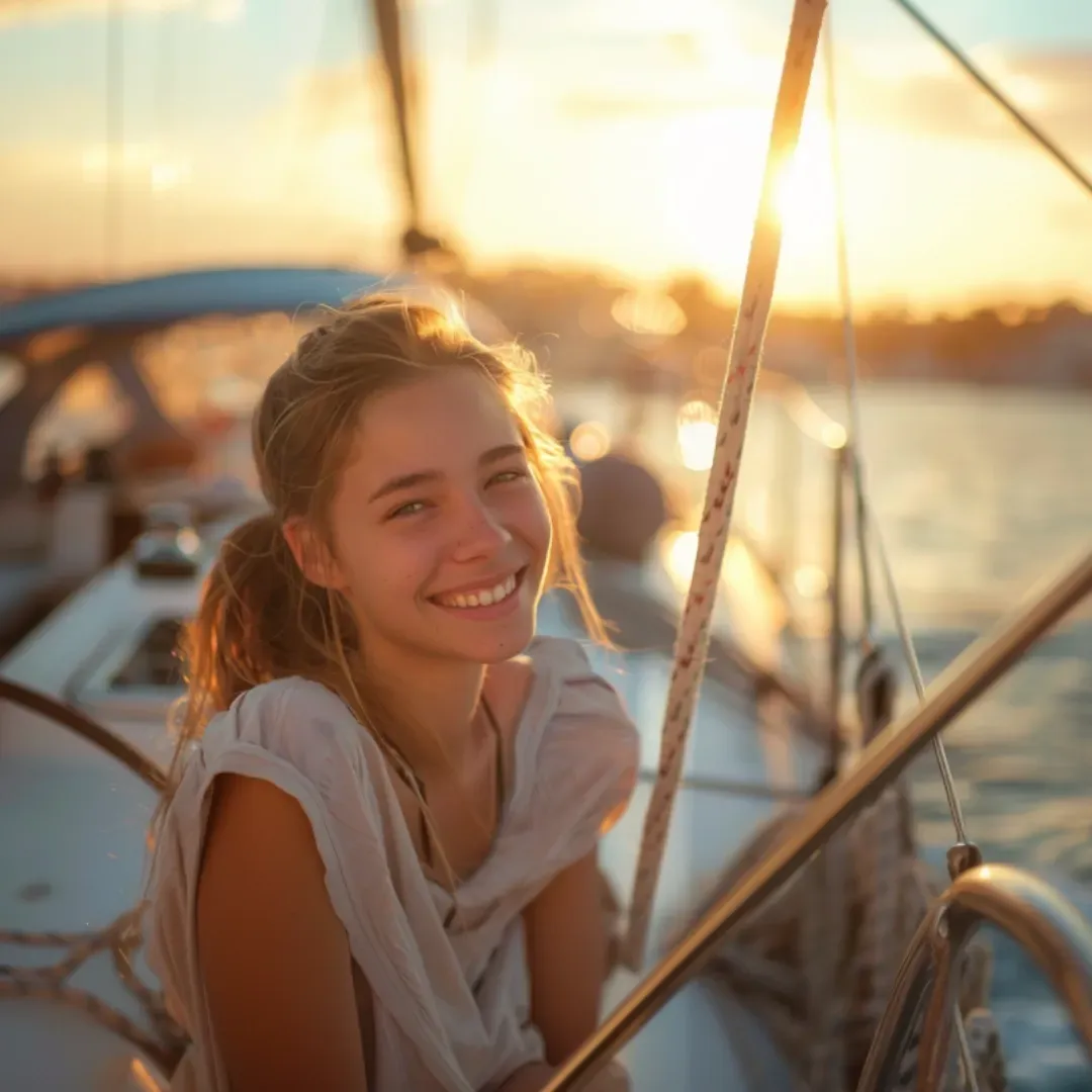 A young woman is smiling while sitting on a sailboat