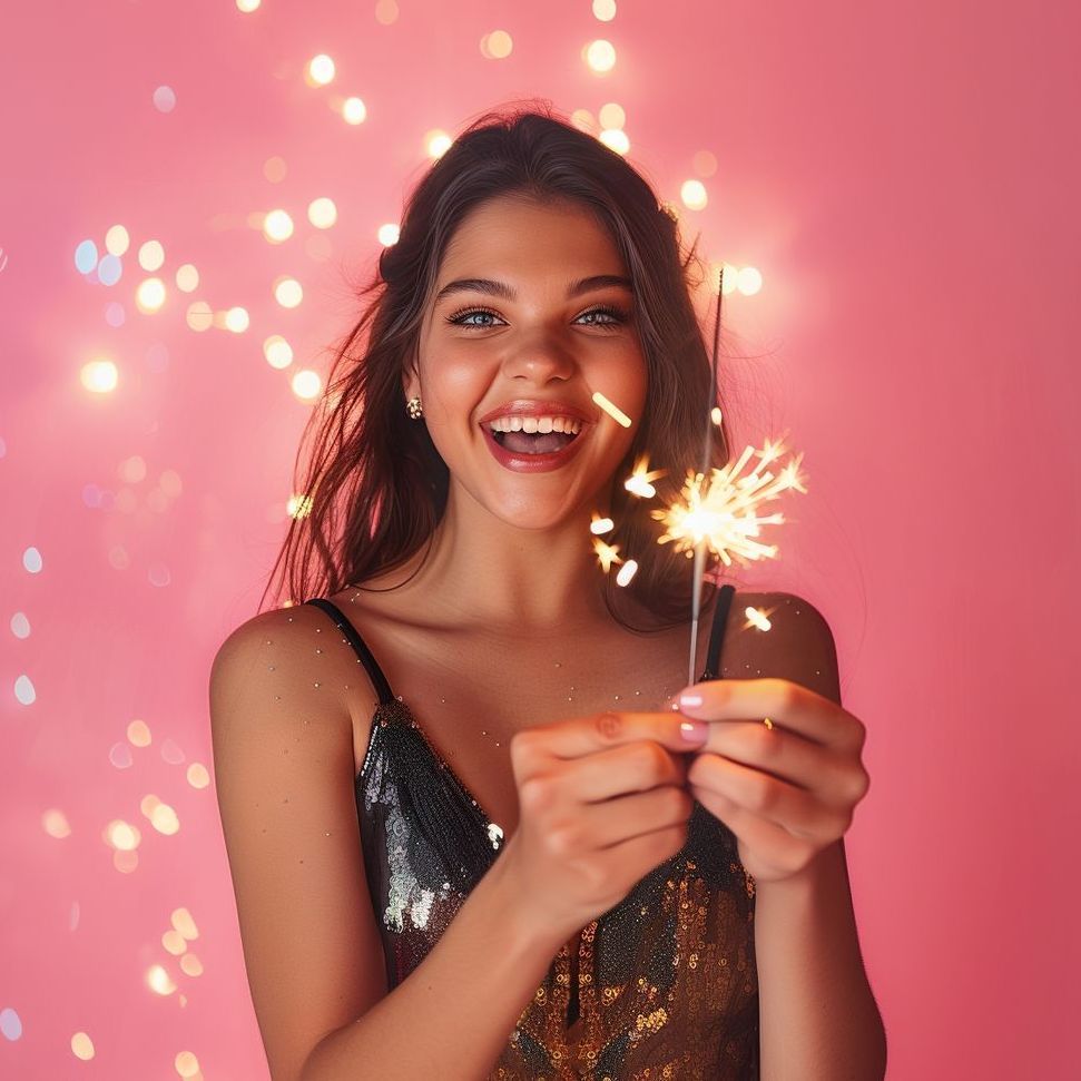 A woman in a sequined dress is holding a sparkler and smiling