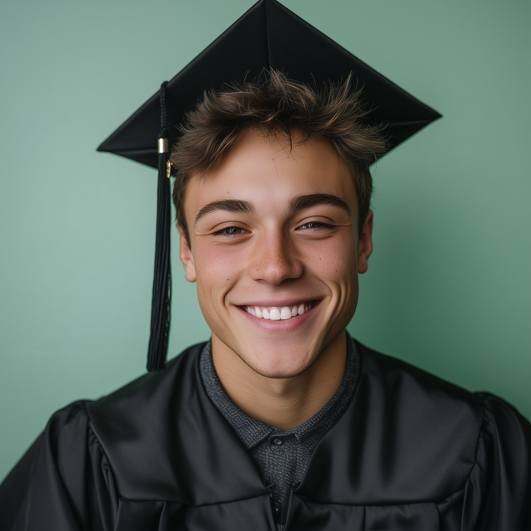 Smiling graduate in black cap and gown against a green background