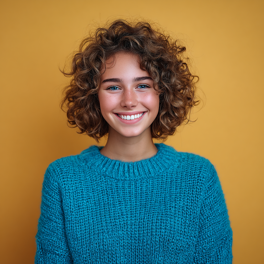 Woman with curly brown hair smiles in a teal sweater against a yellow background.