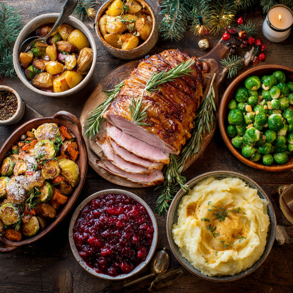 Christmas feast on a wooden table: sliced ham, mashed potatoes, roasted vegetables, cranberry sauce, Brussels sprouts, and potatoes.