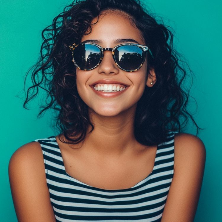 A woman wearing sunglasses and a striped shirt is smiling