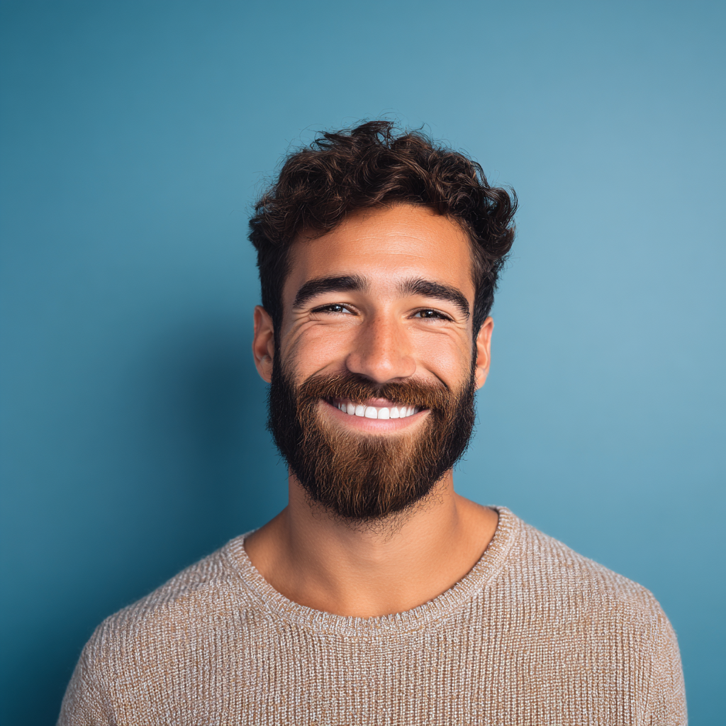 Man with brown curly hair and beard, smiling broadly, against a blue background.
