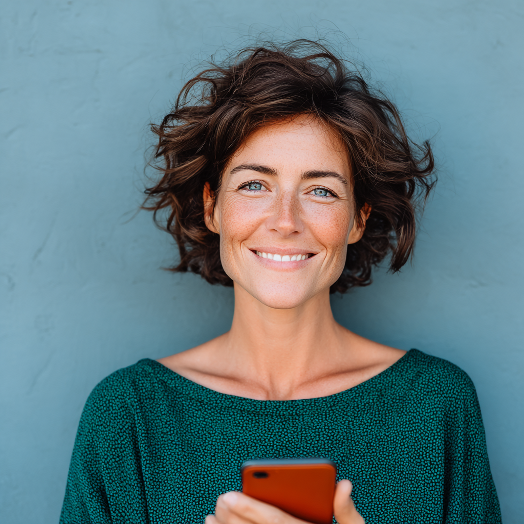 Woman with short brown hair smiles, holding a phone, wearing a green sweater against a blue background.