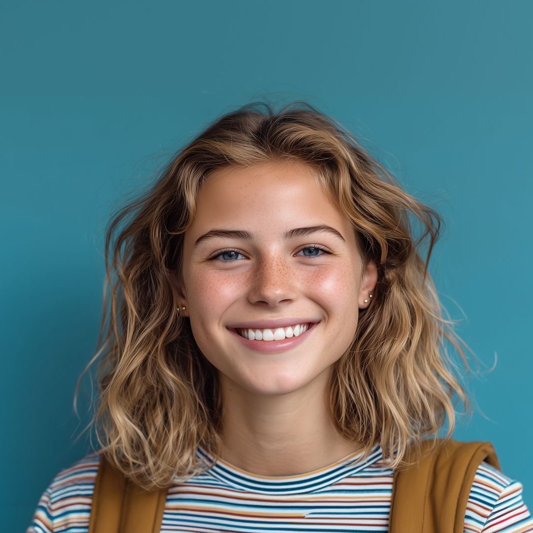A young woman with blonde curly hair and a big smile wearing a striped shirt and backpack against a teal background.