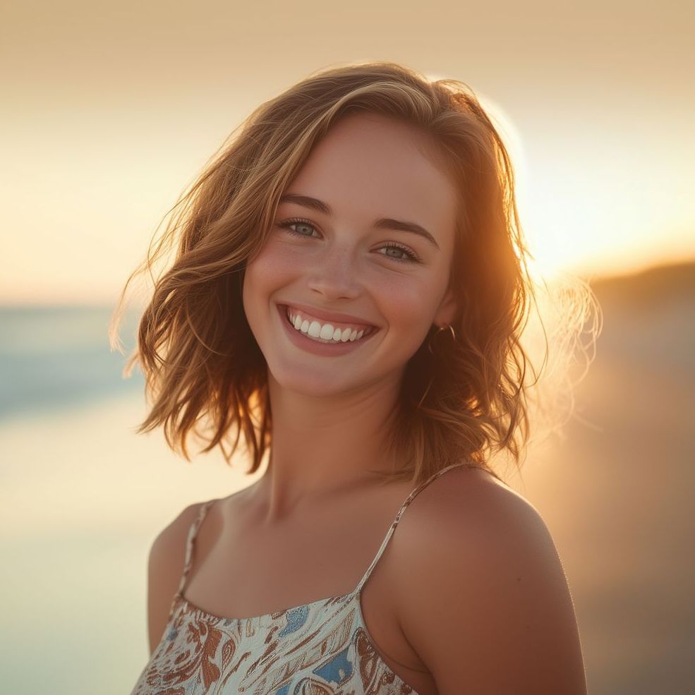 A woman is smiling on the beach at sunset.