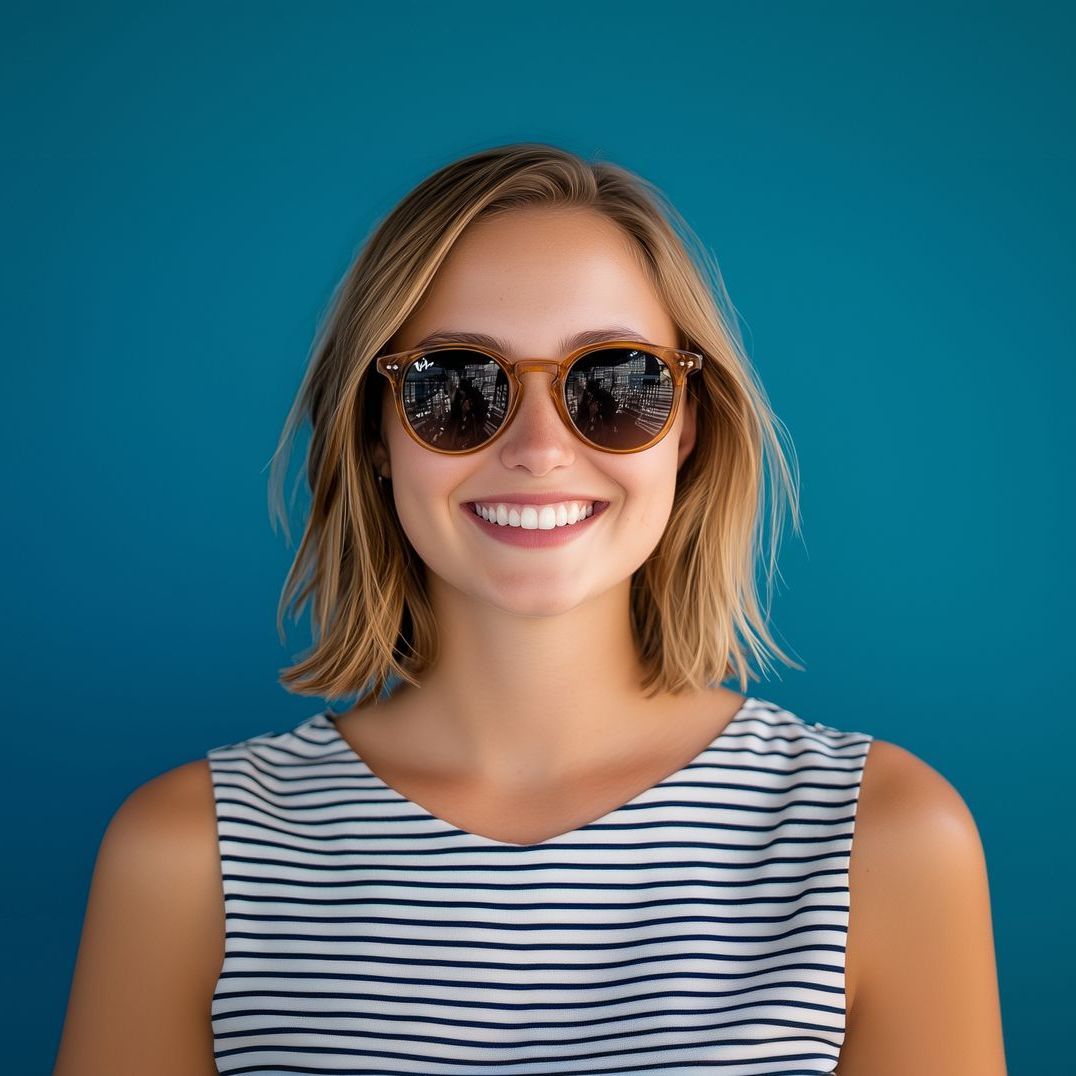 A woman wearing sunglasses and a striped shirt is smiling.