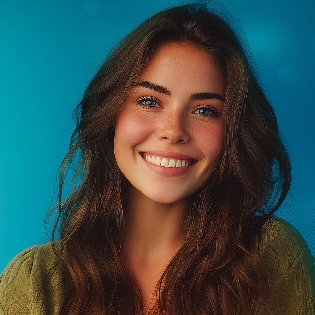 Woman with long brown hair, smiling brightly in front of a blue background.
