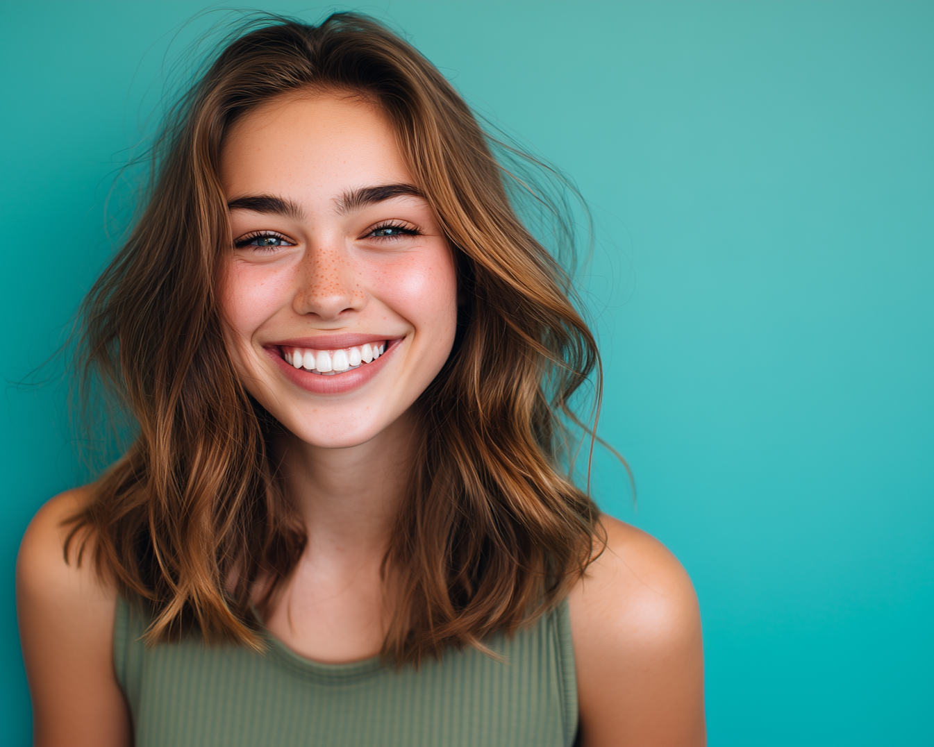 A smiling person with wavy brown hair wearing an olive green top against a vibrant teal background.