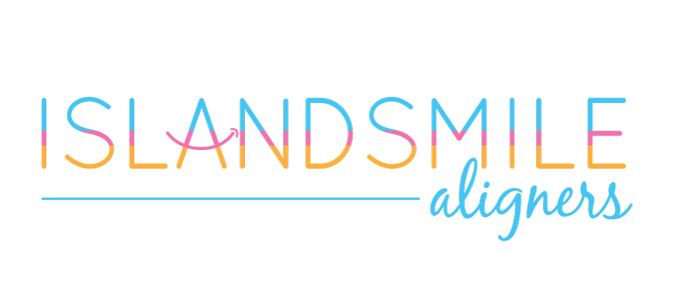 The IslandSmile Aligners logo in blue-to-pink gradient, with a small smile icon replacing the letter A.